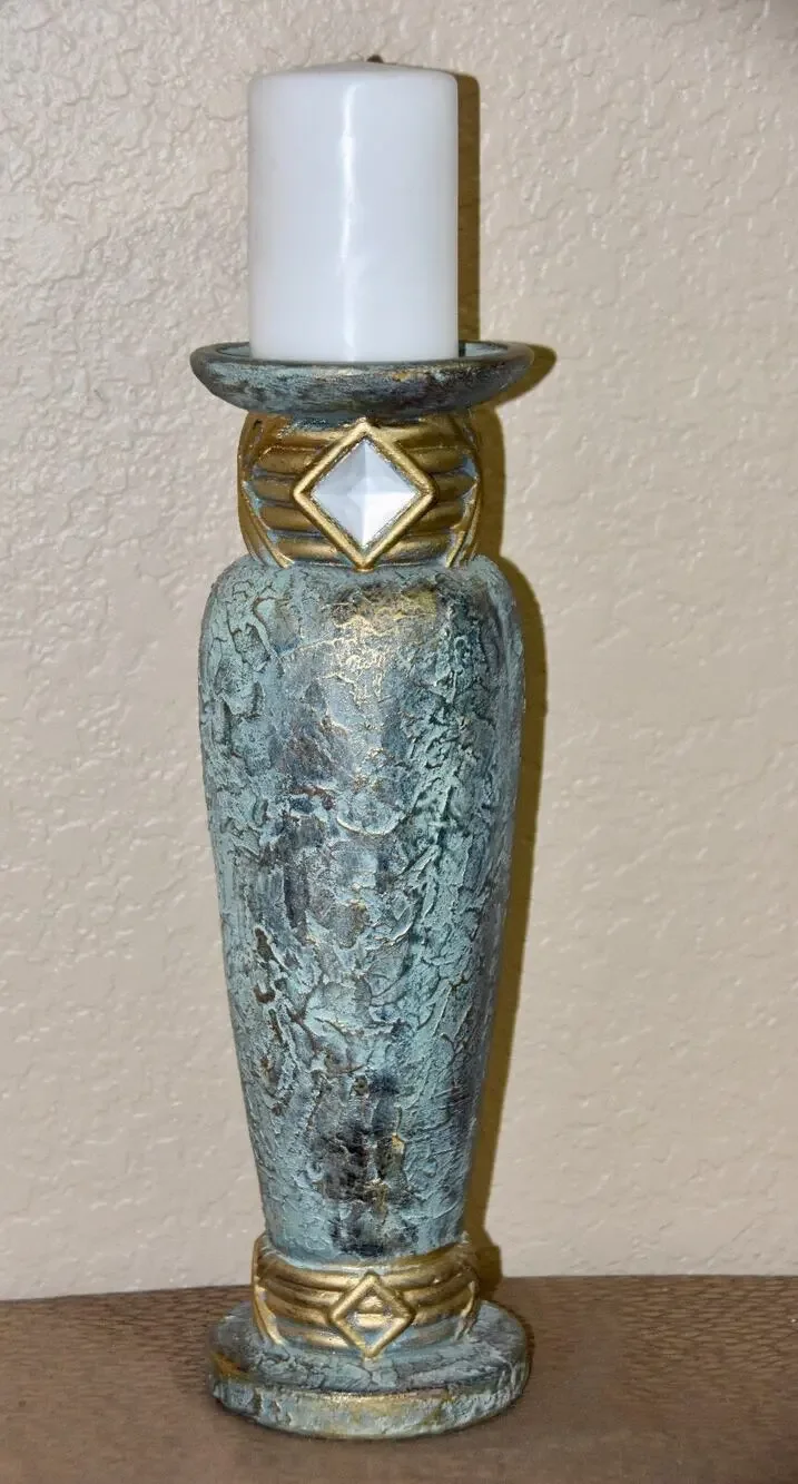 Jaru Art Deco Green and Gold Cast Stone Ceramic Pillar Candle Holder